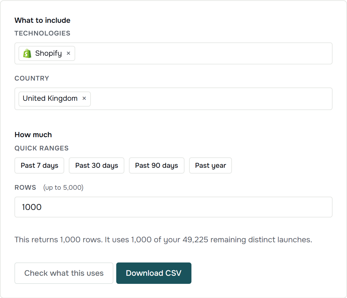 The download page with filters chosen